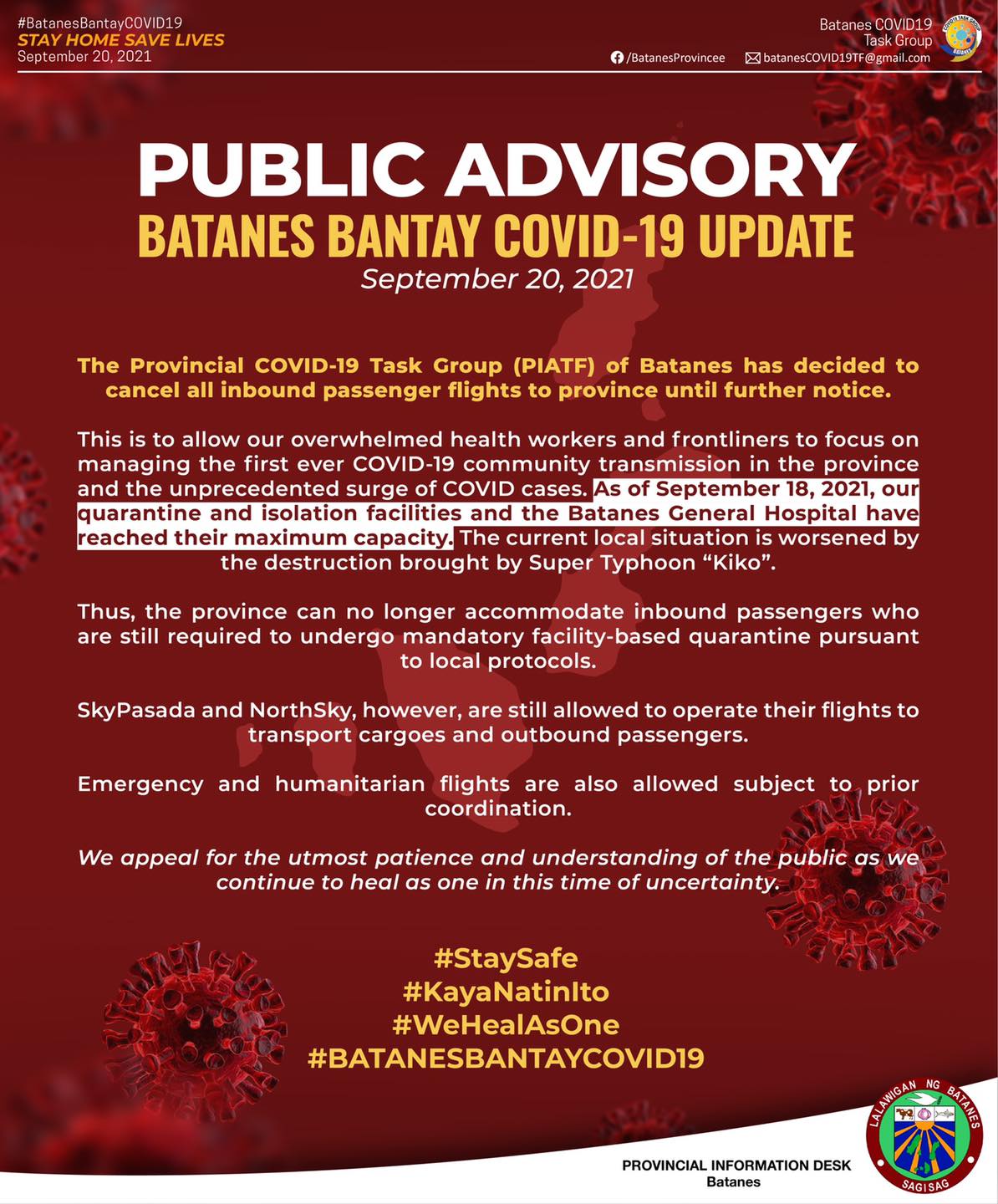 PUBLIC ADVISORY re INBOUND FLIGHTS TO THE PROVINCE OF BATANES. (Photo / Retrieved from Facebook)